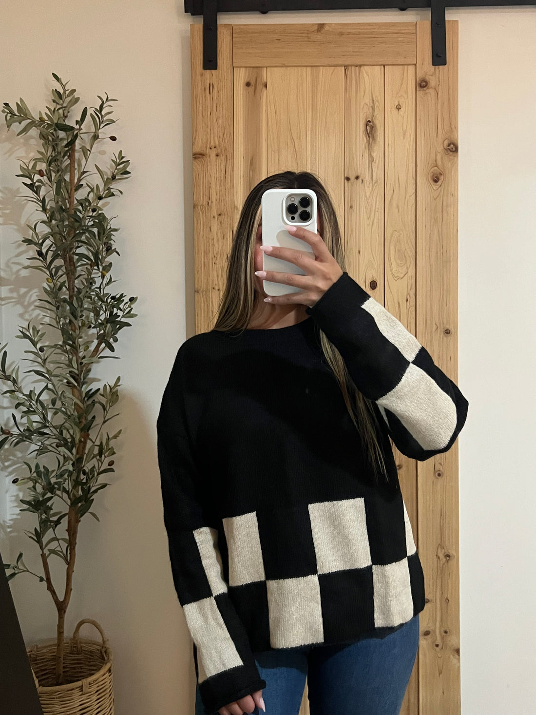 Check Sweater Top / Black + Oatmeal